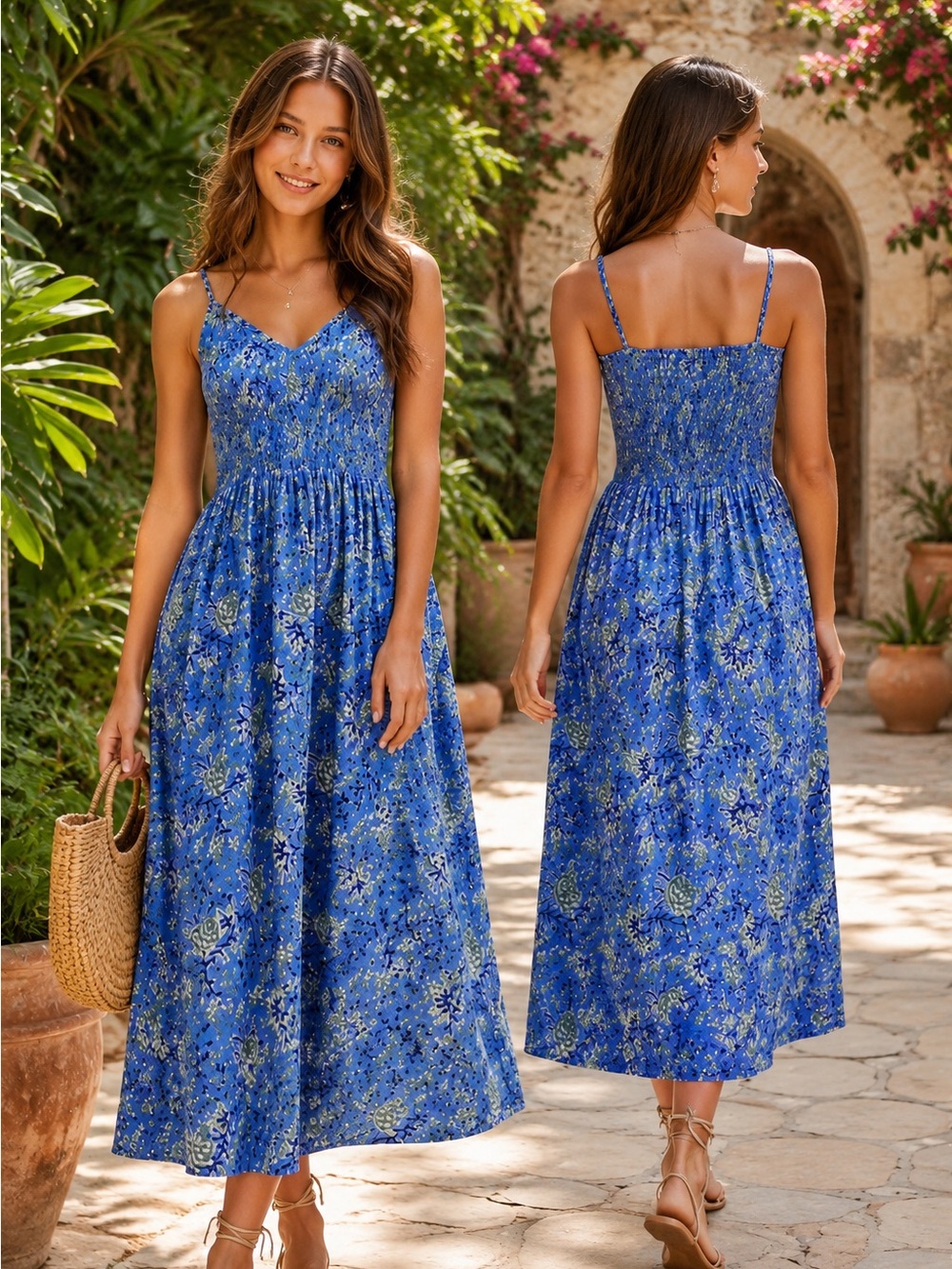Blue Floral Smocked Midi Dress with Adjustable Spaghetti Straps